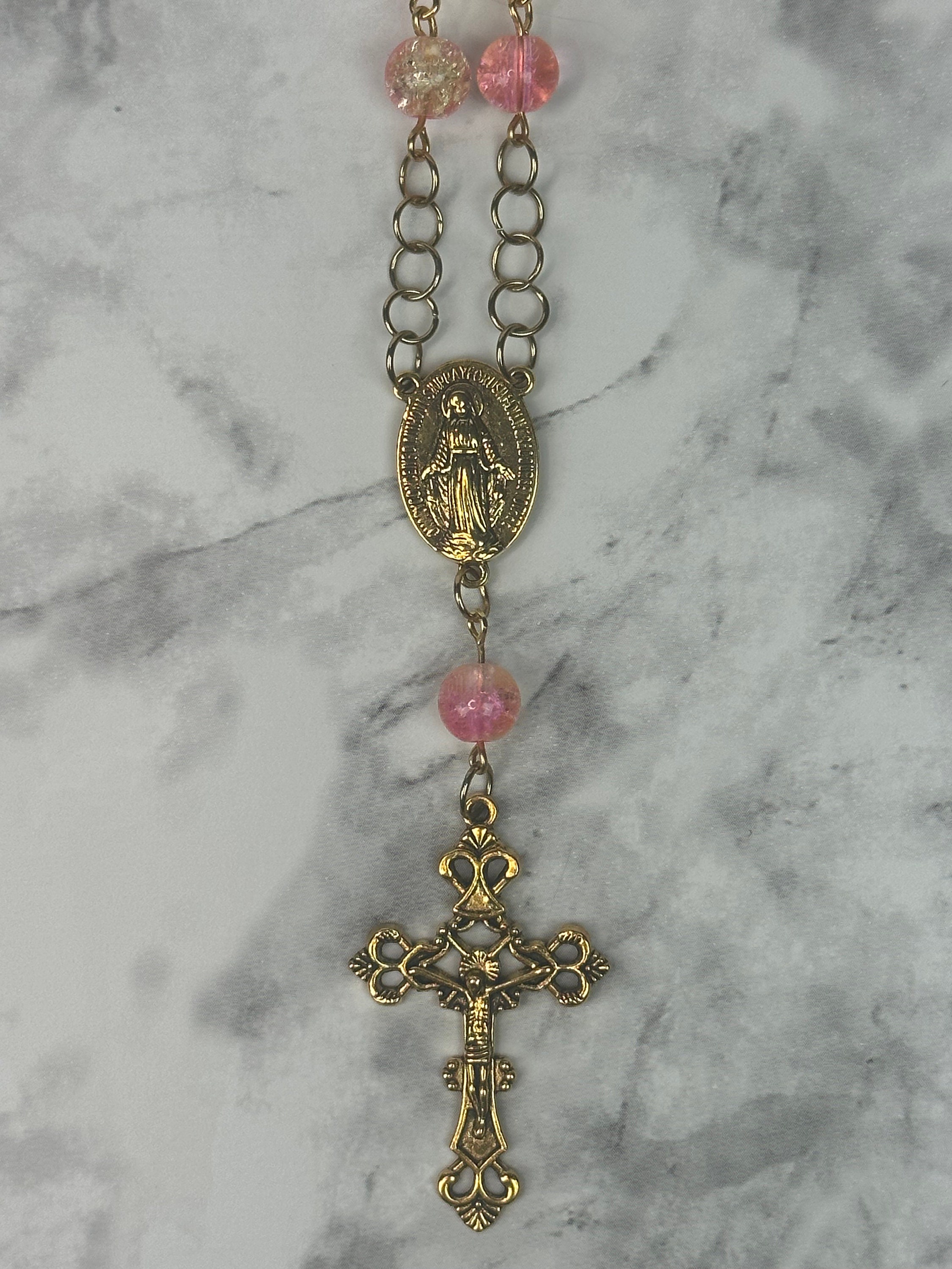 Rear View Mirror Car Rosary Beads - Antique Gold Cross Pendant - Car Protection Beads - New Glass Bead Colors!