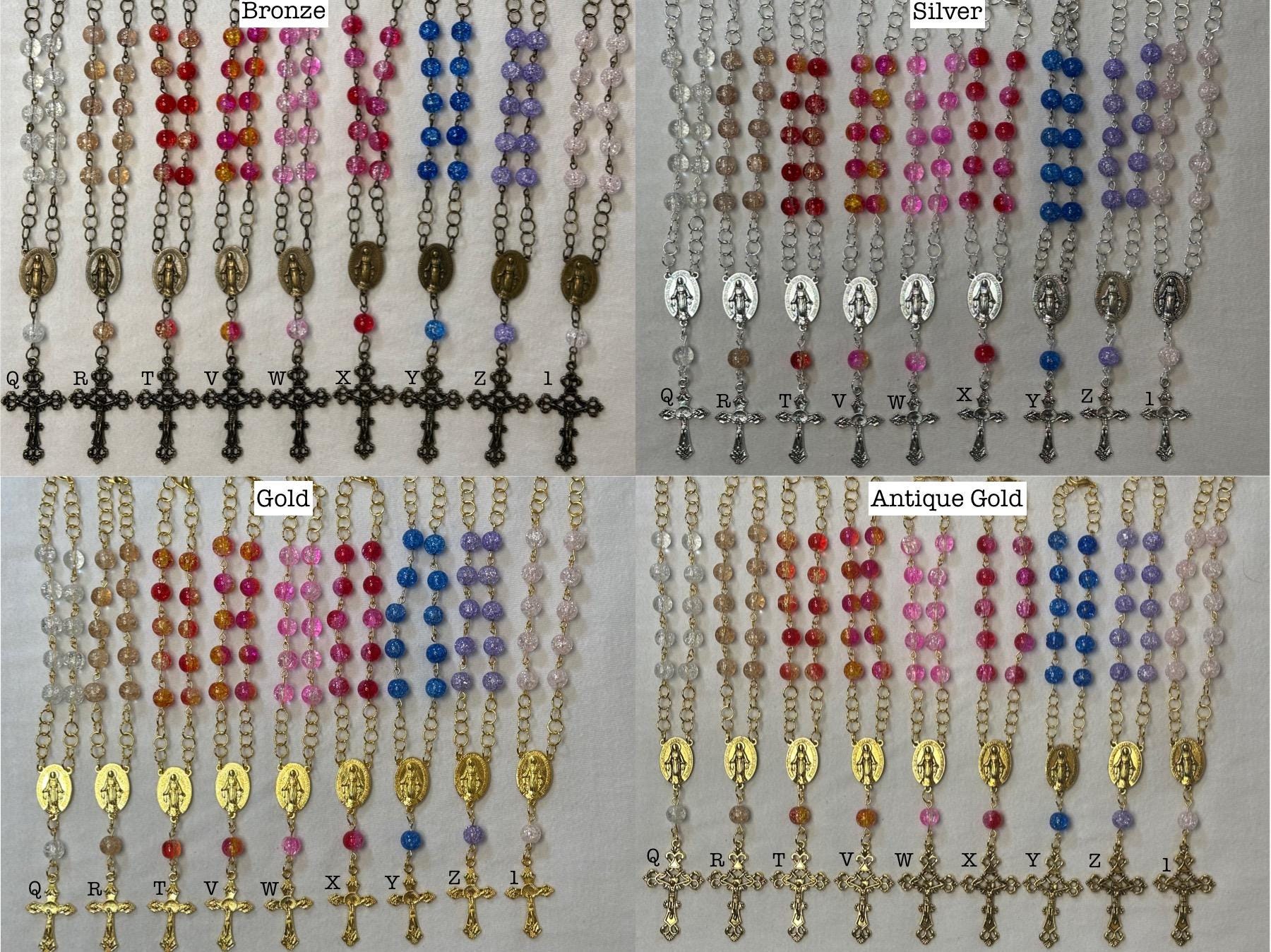 Rear View Mirror Car Rosary Beads - Antique Gold Cross Pendant - Car Protection Beads - New Glass Bead Colors!