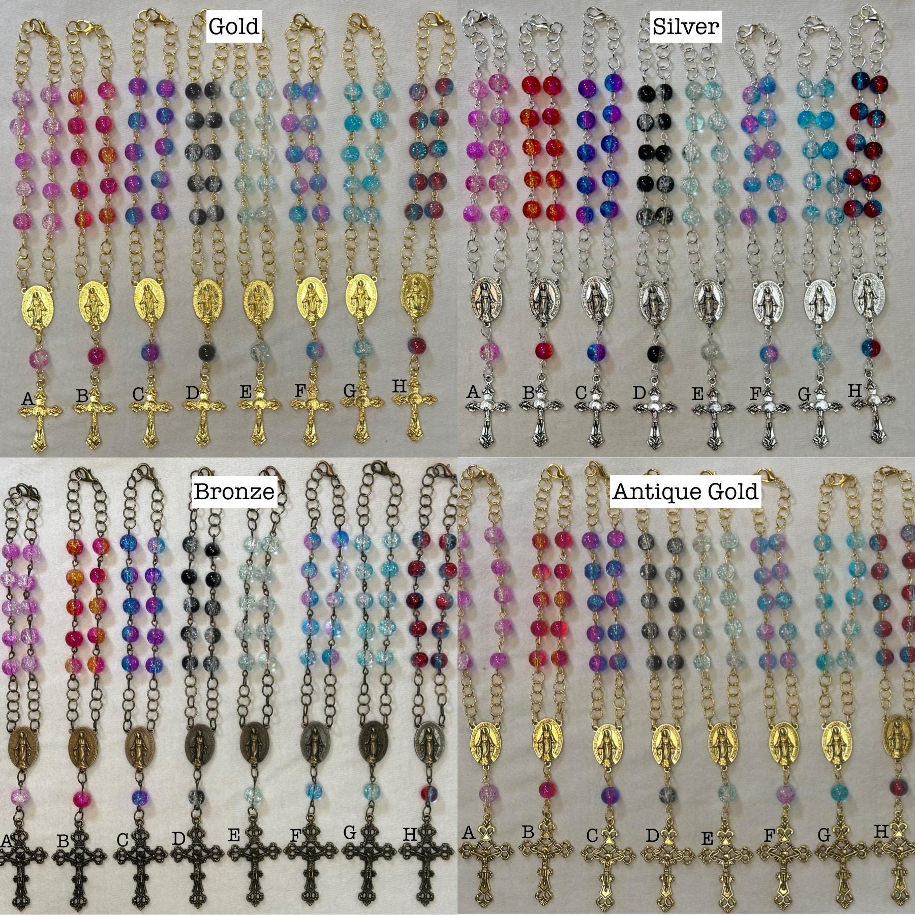Rear View Mirror Car Rosary Beads - Antique Gold Cross Pendant - Car Protection Beads - New Glass Bead Colors!