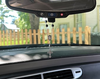 Rear View Mirror Car Rosary Beads - Silver Cross Pendant - Car Protection Beads - New Glass Bead Colors!