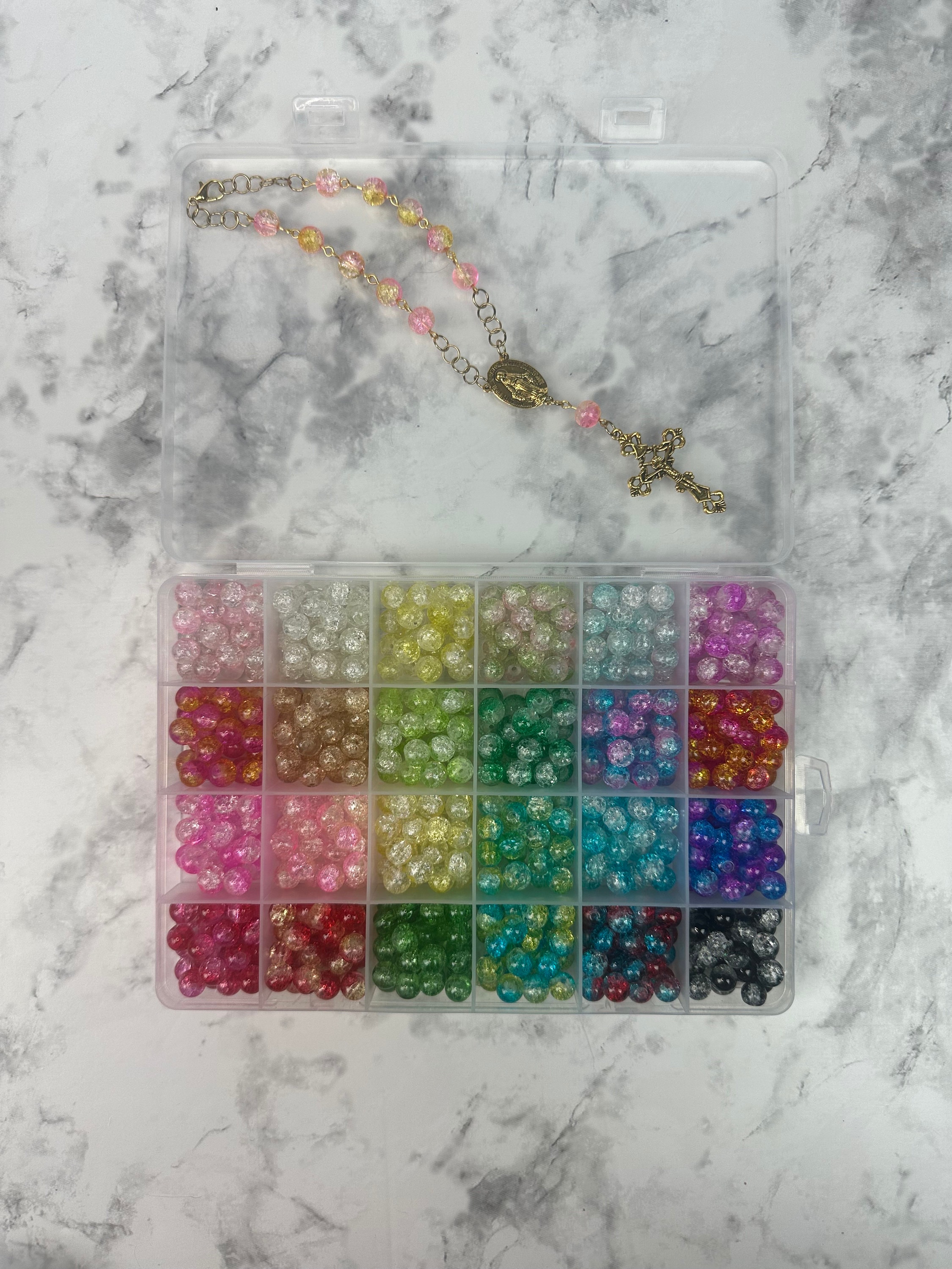 Rear View Mirror Car Rosary Beads - Antique Gold Cross Pendant - Car Protection Beads - New Glass Bead Colors!