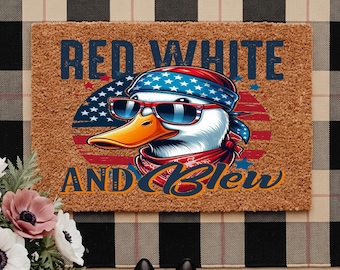 Red White and Blew Duck Doormat, Funny 4th of July Patriotic Welcome Mat, USA Independence Day Front Door Rug, Housewarming Gift