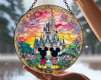 Mickey Minnie Glasmalerei Suncatcher, Disney Paar Jahrestagsgeschenk, Mickey Minnie Suncatcher, romantischer Ehemann Frau Dekor, Disney Geschenk