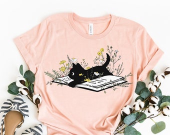 Cute Book Cat T-Shirt,Cat Book Shirt, Funny Book Lover Sweatshirt, Cat lover Tee,Reader Bookish Shirt, Floral book art Shirt, Book Nerd Tee