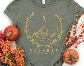 SJM merch Gold print Velaris t-shirt, The Night Court t-shirt, SJM merch, A court of Thorns and ROSES, Acotar Velaris Gift Tee Shirt