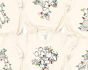Disney Character Christmas Shirt, Mickey Minnie Stitch Pooh Elsa Anna Ariel Belle Tigger Rapunzel Holiday Lights Tee,Disney Family Xmas Gift