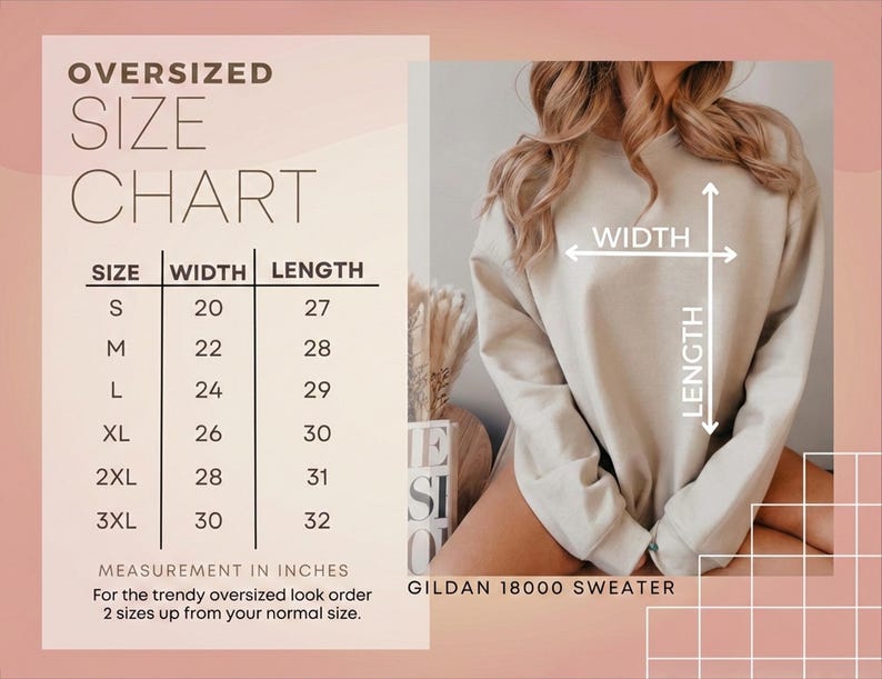 Op de afbeelding: Maattabel voor een oversized Gildan 18000 sweater, met afmetingen in inches. De tabel geeft de maten S tot en met 3XL weer, met bijbehorende breedte- en lengtematen. De afbeelding toont ook een persoon die de sweater draagt.