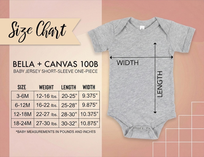 Op de afbeelding: Een lichtgrijze baby jersey short-sleeve onesie met een maattabel. De tabel toont afmetingen voor maten 3-6M, 6-12M, 12-18M en 18-24M, met gewichten in ponden en lengtes en breedtes in inches. De onesie heeft een breedte- en lengtemeting.