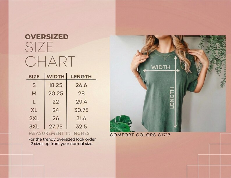 Op de afbeelding: Een afbeelding met een oversized maattabel voor t-shirts, met afmetingen in inches. De tabel bevat maten S tot en met 3XL, met bijbehorende breedte- en lengtematen. Een persoon draagt een groen t-shirt, met pijlen die de breedte en lengte aangeven.
