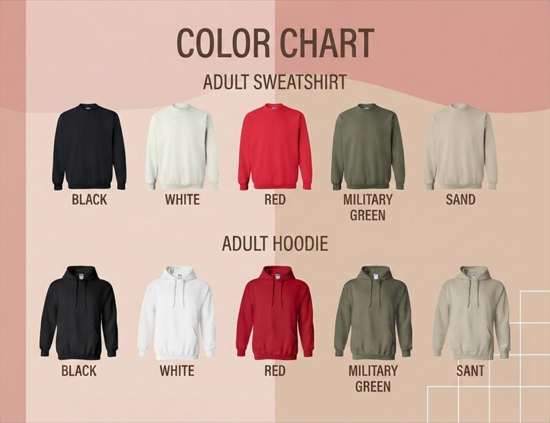 Op de afbeelding: Kleurenkaart met sweatshirts en hoodies voor volwassenen in verschillende kleuren: zwart, wit, rood, legergroen en zand. De tekst "KLEURENKAART" en het producttype staan bovenaan.
