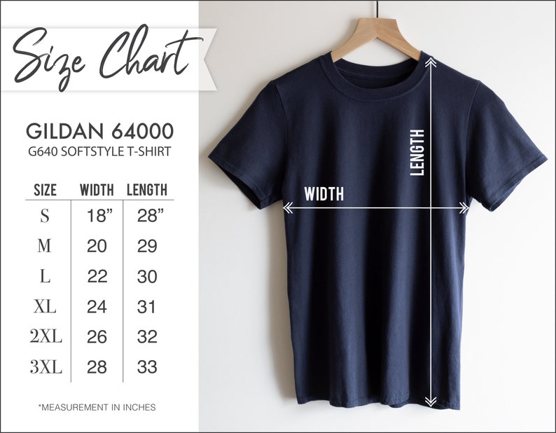 May include: A navy blue Gildan 64000 Softstyle T-shirt hangs on a wooden hanger. The image includes a size chart with measurements in inches, equivalent to cm: S (45.7cm width, 71.1cm length), M (50.8cm width, 73.7cm length), L (55.9cm width, 76.2cm length), XL (61cm width, 78.7cm length), 2XL (66cm width, 81.3cm length), and 3XL (71.1cm width, 83.8cm length).