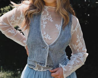 Wild Rose Sheer Lace Top: Boho Long Sleeve Blouse, Western Vintage Style