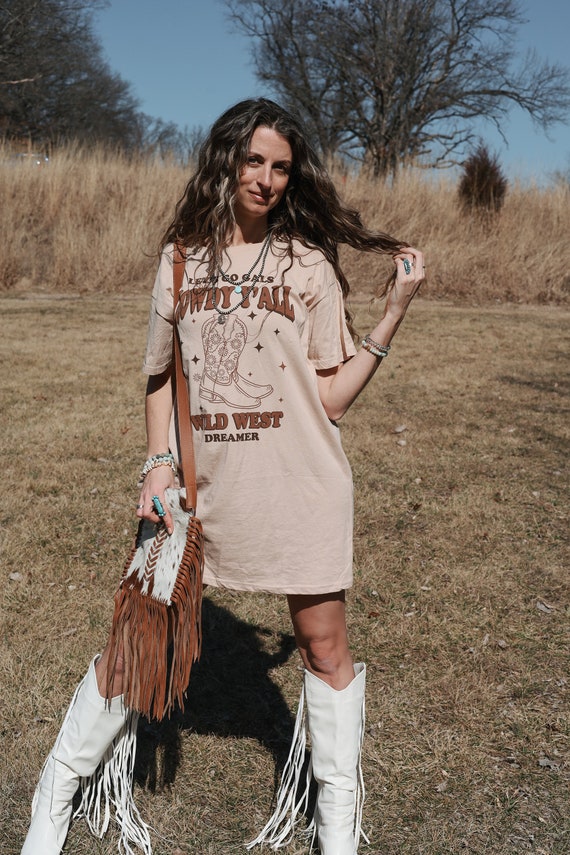 最新作 T-shirt Western Dress Dreamer Top Tee Oversized Tan Howdy カットソー(長袖/七分)