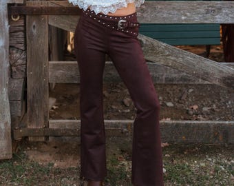 Plano High Rise Western Flare Jeans | 70s Brown Bell Bottom Jeans | Assymetric Studded Belt