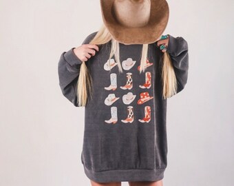 Western Graphic Sweater Cowprint Boot Collage Country Girl Sweatshirt Cowgirl Rodeo NFR Knit Pullover Concert Farm Texas Nashville Clothing