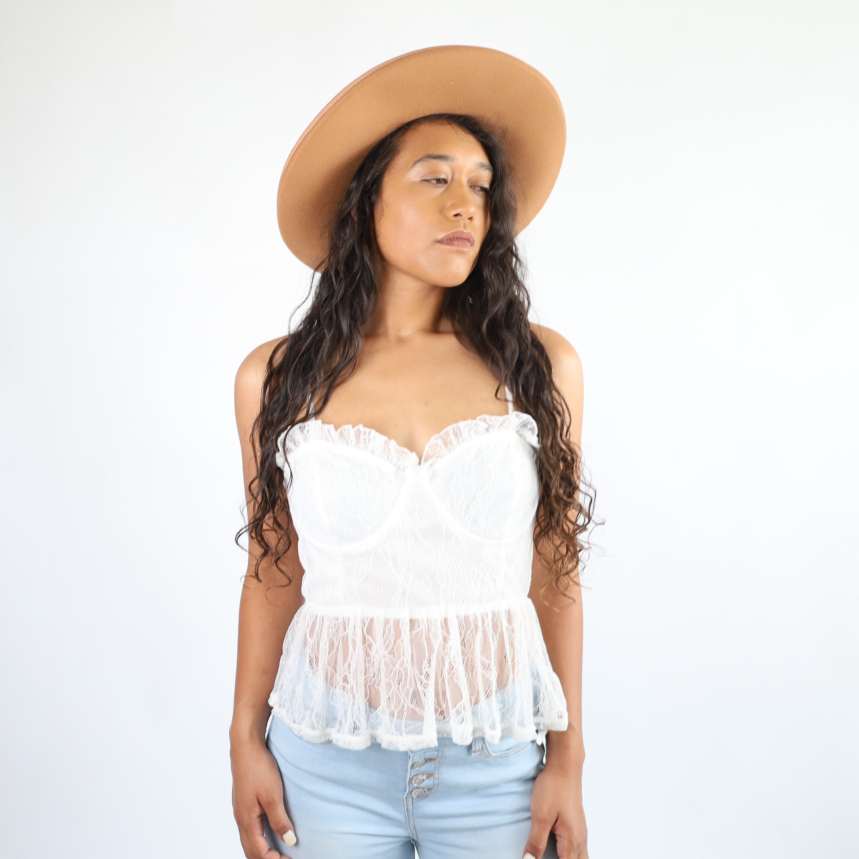 Embroidered Bustier Cami Top Lace  Bohemian Ruffle Corset Semiheart Sheer Peplum Waist Blouse Women’s Romantic Delicate Feminine Tank Top