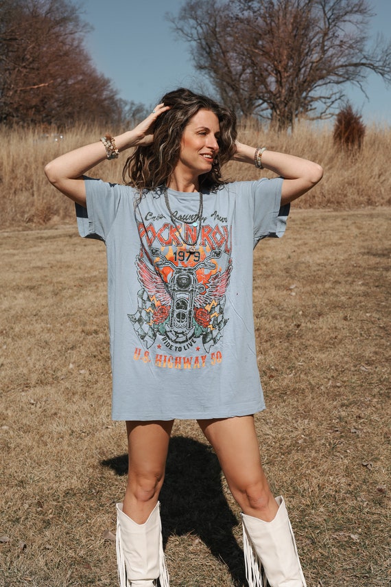 Ride to Live Graphic Tee Dress Blue Free Spirit Floral Road Angel Western Boho Tunic T shirt Dress Festival Desert Cowgirl Country Style