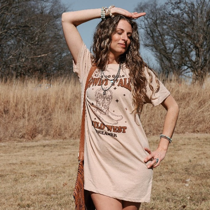 Western T-shirt Dress Howdy Tan Oversized Tee Top Dreamer Dusky Tan Cowgirl Music Festival Rodeo Casual Vegas Nashville Outfit