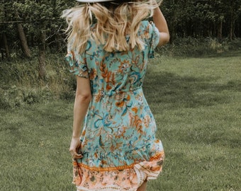Bohemian Inverness Country Floral Dress Boho Western Moss Green Mini Bride Wedding Guest Button Down Cowgirl Flower Print Sundress