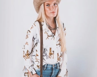 Horse Print Western Blouse, Romantic Cowgirl Top, Soft Rodeo Concert Outfit