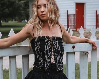 Ransom Cowgirl Corset Top,  Rodeo Lace Up Bustier, Tapestry Top