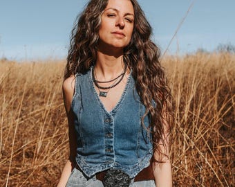 Denim Locksley Cowgirl Vest - Country Western Button Down Jean Waistcoat