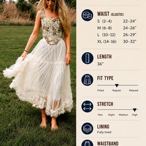 May include: A floral corset top paired with a white, multi-layered tulle skirt featuring a ruffled hem. The image includes a fit guide with text detailing waist measurements from 22 to 32 inches, a 36-inch length, and elastic waistband details.