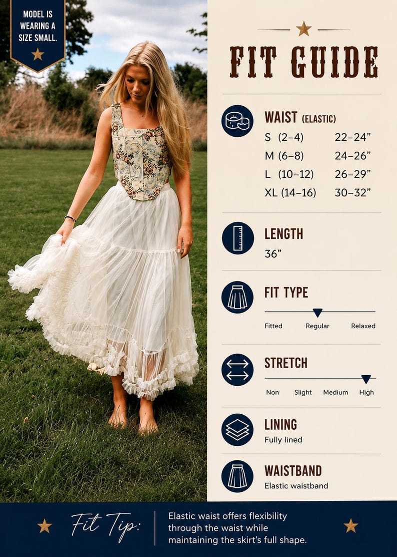 May include: A floral corset top paired with a white, multi-layered tulle skirt featuring a ruffled hem. The image includes a fit guide with text detailing waist measurements from 22 to 32 inches, a 36-inch length, and elastic waistband details.