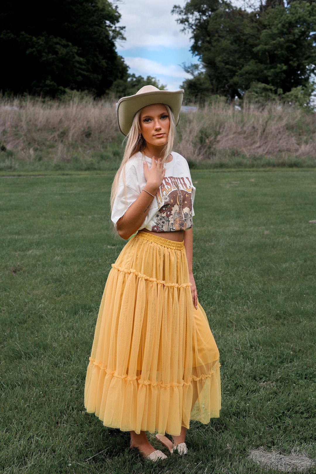 Tiered Canary Skirt Country Bohemian Layered Midi Concert Festival