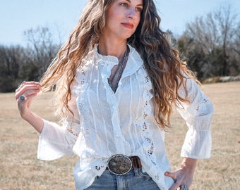 Bohemian Henriatta Country Lace Blouse Embroidered Statement Cowgirl Folk Prairie  Top Boho Cottagecore  Top