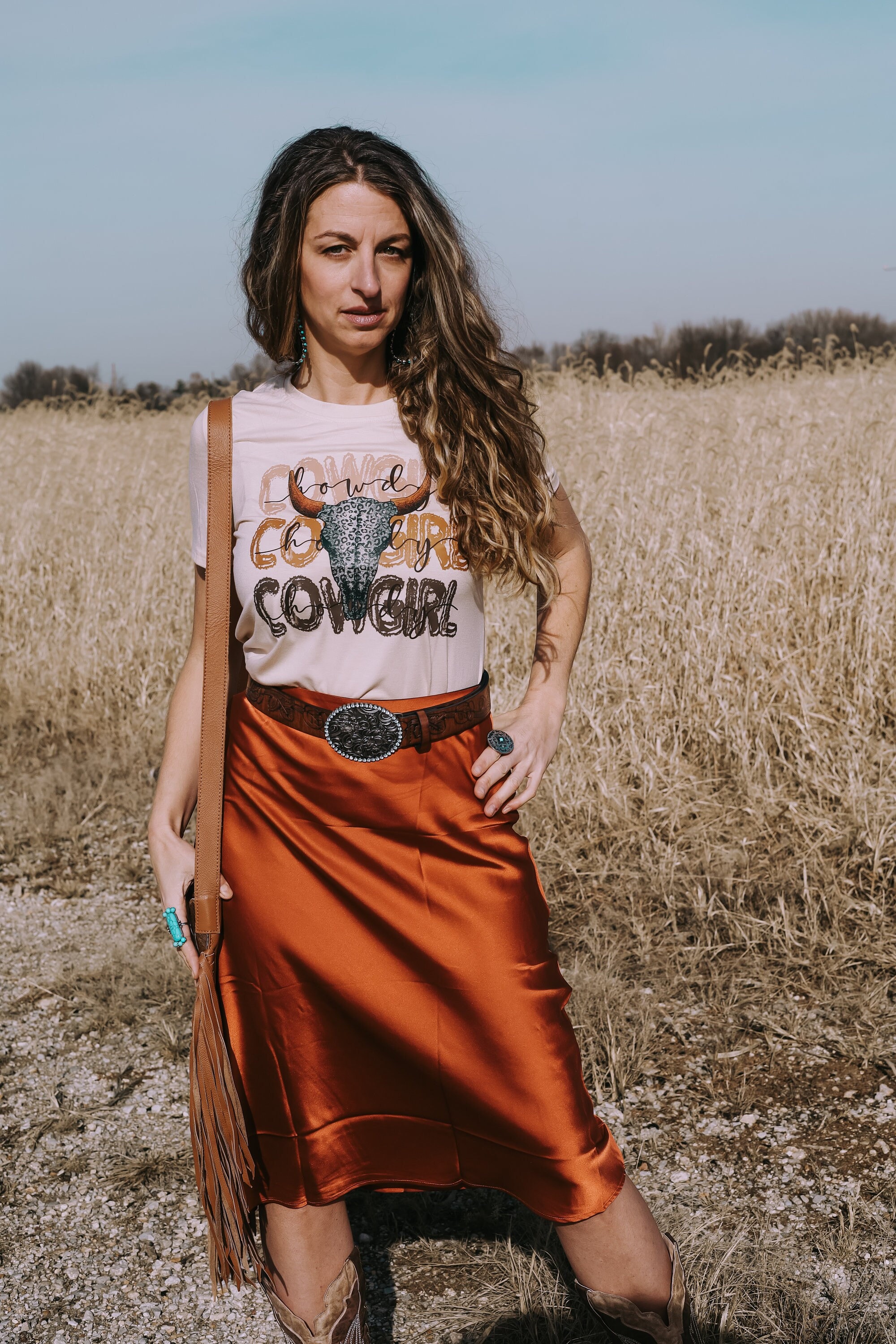 Jewel Rust Orange Satin Midi Skirt Western Boho Contry Style Bottom Stretchy Versatile Dressy Casual Skirt