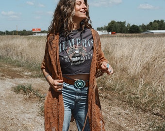 Caldero Lace Duster Western Boho Rust Brown  Bohemian Outfit Floral Embroidered Festival Country Cardigan Cowgirl Music Concert Style