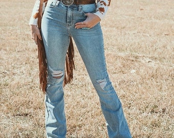The Payton Distressed High Rise Flare Women’s Hi Waisted Medium Wash Jeans Bootcut Denim Pants