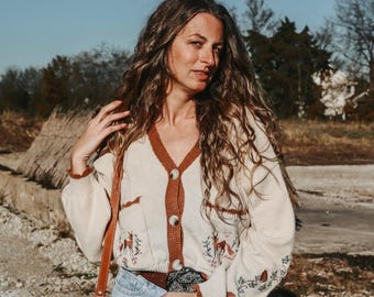 Little Utah Embroidered Cardigan Sweater Open Cardigan Leisure Sweater Women’s Boho Hippie Flower Print Desert Fox Tan Cardigan