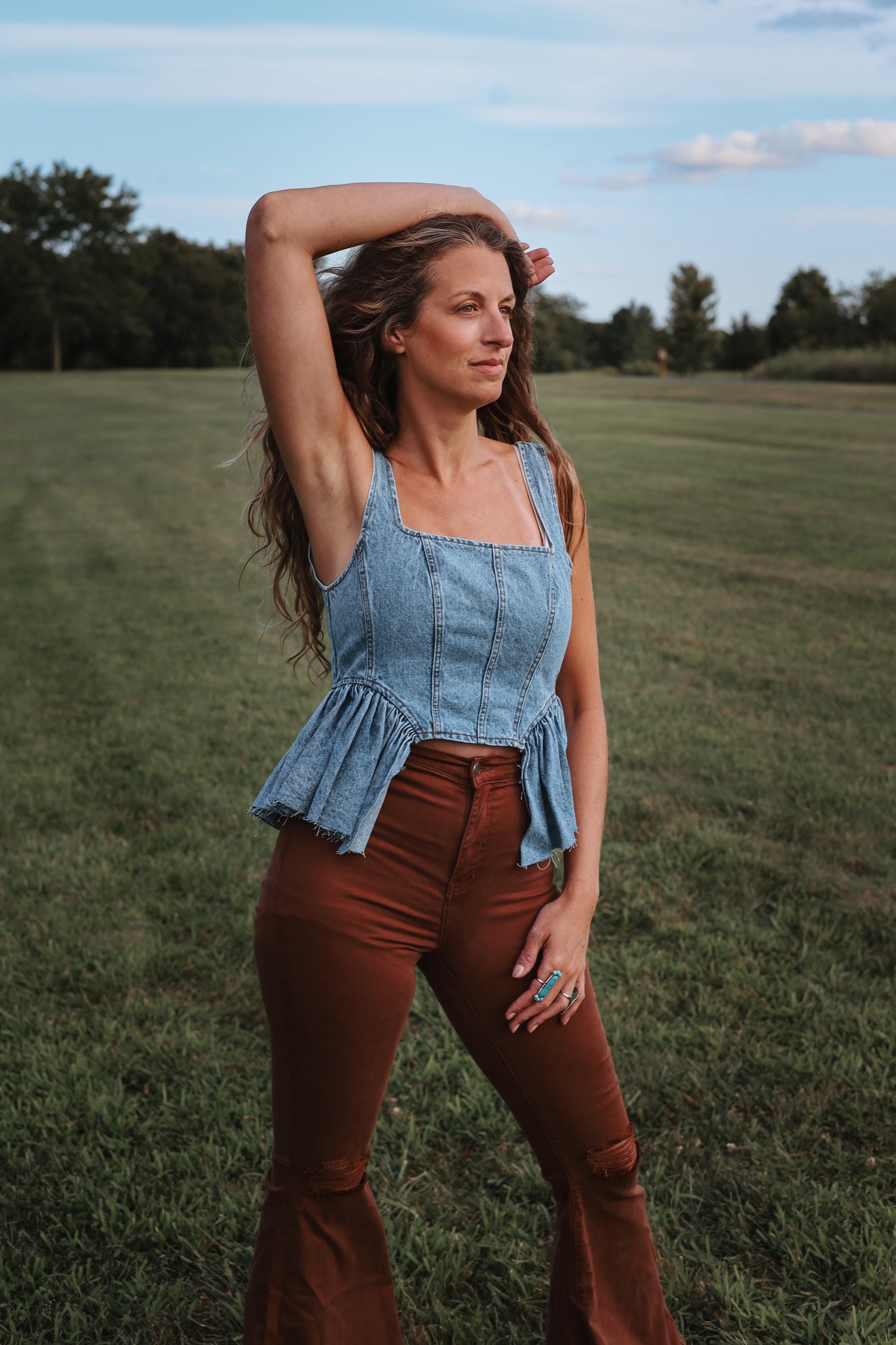 Denim Peplum Corset Top, Western Festival Top, Structured Jean