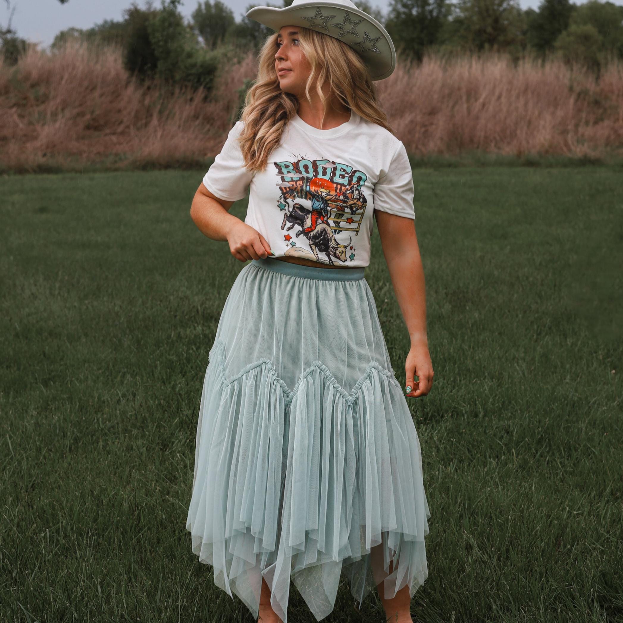 Country Prairie Tiered Skirt, Mint Green A-line Baroque Pleated 