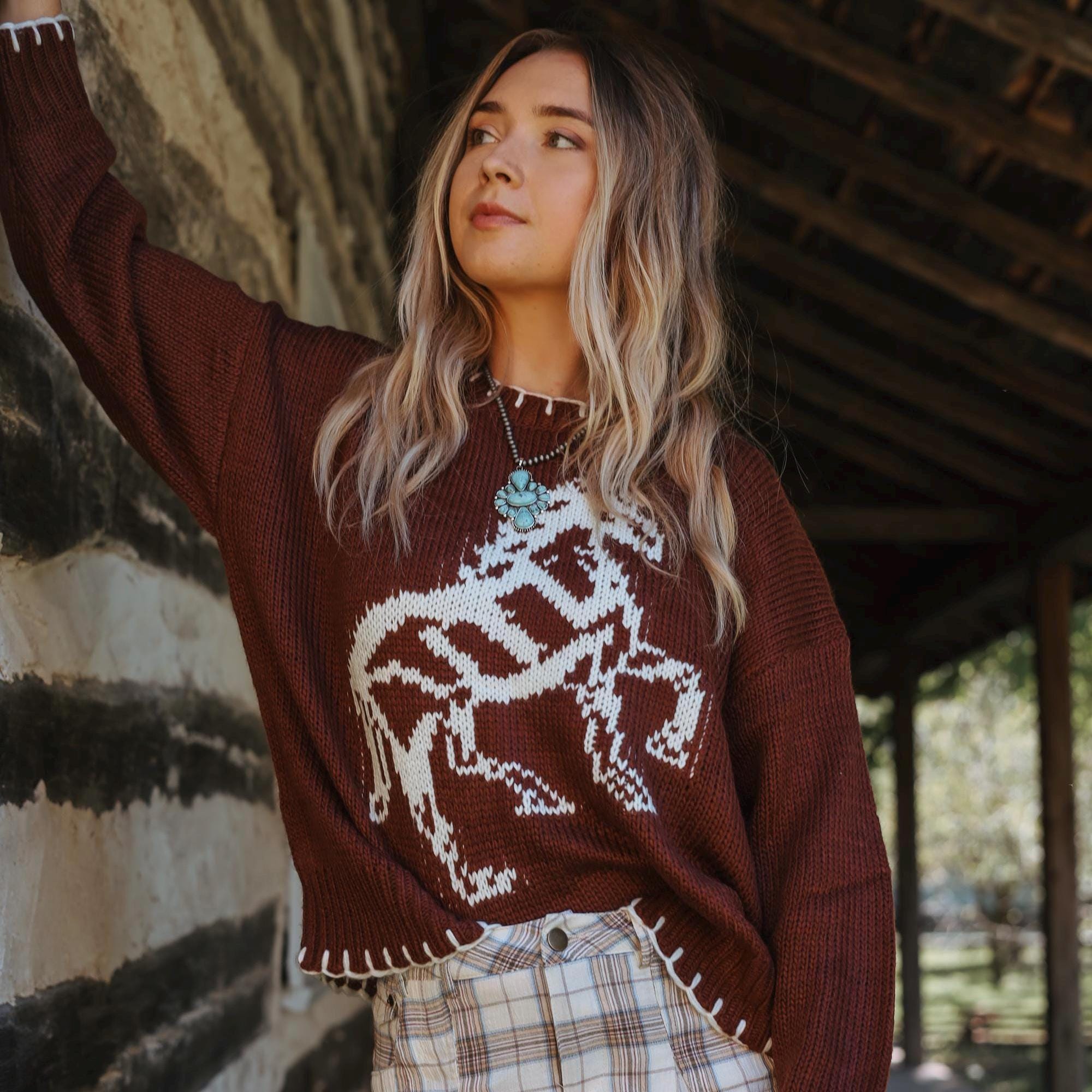 White Mare Western Country Pullover Embroidered Boho Horse Knit 