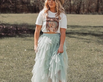 Tiered Oasis Skirt Country Layered Wedding Guest Bohemian Western Romantic Festival Ethereal Seafoam Mint Green Tulle Whimsical Party Outfit