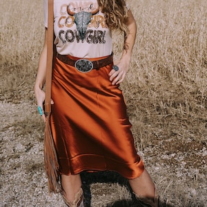 Jewel Rust Orange Satin Midi Skirt Western Boho Contry Style Bottom Stretchy Versatile Dressy Casual Skirt