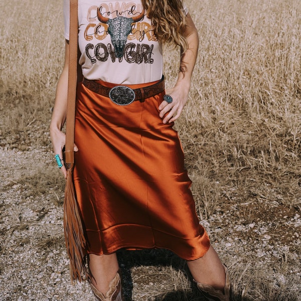Jewel Rust Orange Satin Midi Skirt Western Boho Contry Style Bottom Stretchy Versatile Dressy Casual Skirt