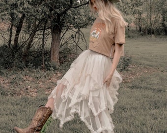 Bohemian Ember Siren Skirt Country Layered Wedding Guest Outfit Boho Western Romantic Twirl Festival Ethereal Tulle Whimsical Party Outfit