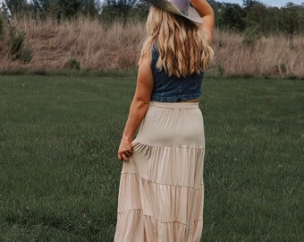 Country Contessa Boho Maxi Skirt Taupe Beige  Bohemian Western Skirt Farmhouse Photoshoot Outfit Tiered Skirt