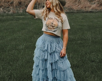 Belle of the South Layered Skirt Dreamy Country Western Wedding Guest Blue Midi Boho Western Festival Cotillion Special Occasion Outfit