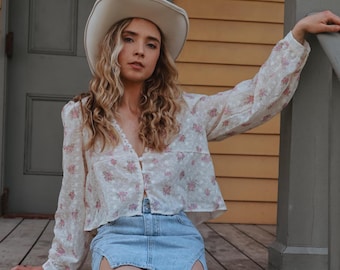 Rosedna bloemenprint geweven prairietop | Victoriaanse cowgirl bloemenblouse