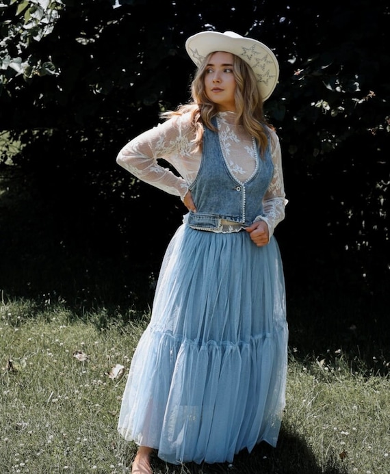denim dress with vest Versatile Over White Shirt V neckline Girls 4-16 Self Esteem Sherpa