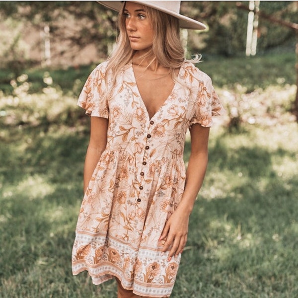 Bohemian Aurora Petal Pink Peachy Button Down Boho Western Country Medley Dress Wedding Guest Cowgirl Floral Engagement Photoshoot Outfit