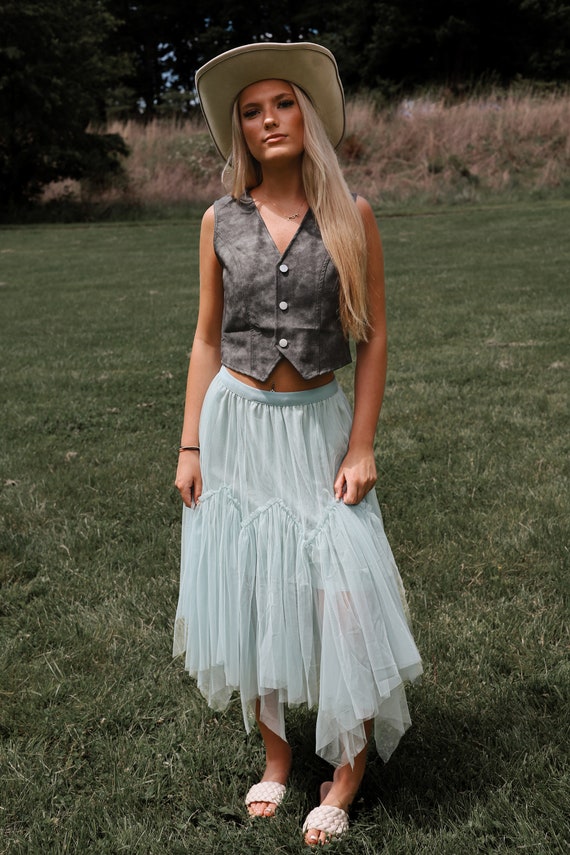 roughlow AIRY FRINGE SKIRT(mint） Midi Ethereal Cowgirl Skirt | Mint Green Asymmetric A-line, High