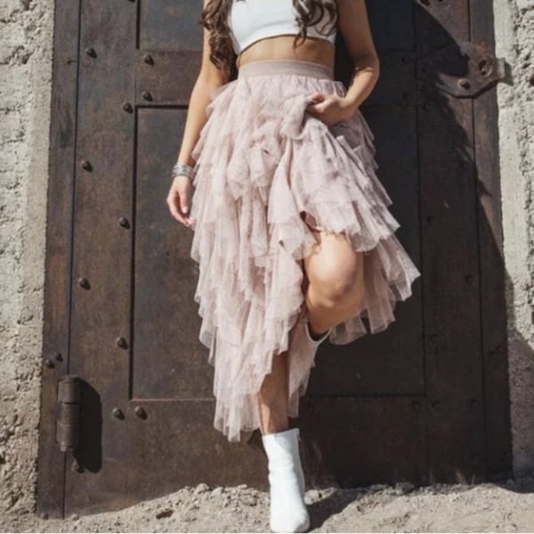 Tiered Willow Bohemian Dusky Pink Midi Evening Skirt Ethereal Whimsical Tulle A-line Mid Calf Full Skirt Wedding Party Outfit