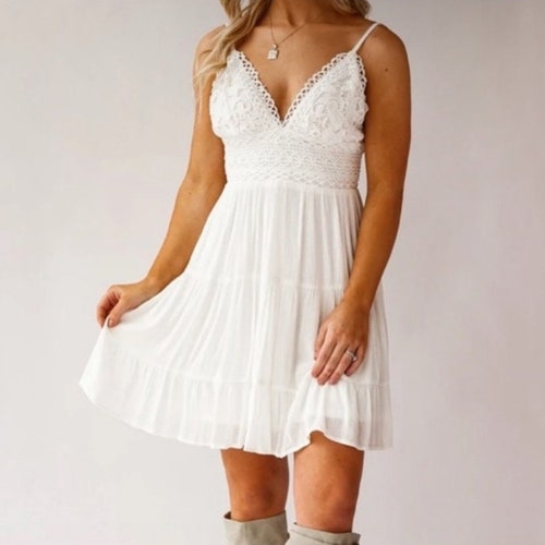 Bohemian Joliet Country Dress White Boho Western Tiered Tie Back Mini Wedding Guest Cowgirl Crochet Engagement Photoshoot Outfit Bohemian Joliet Country Dress White Boho Western Tiered Tie Back Mini Wedding Guest Cowgirl Crochet Engagement Photoshoot Outfit
