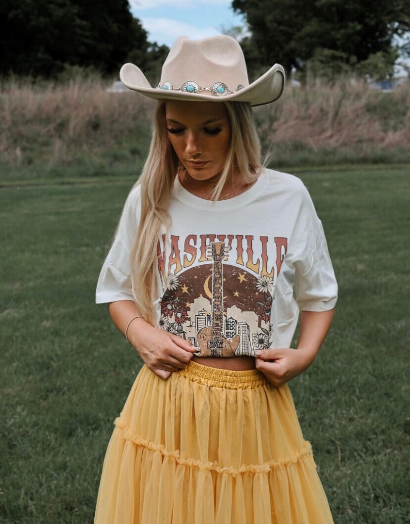 Maglietta Da Donna Vintage – Musica Country Nashville Tennessee – Stampa Rock Roll Cash – Cotone Morbido – Gita Estiva – Taglia XL, Marrone